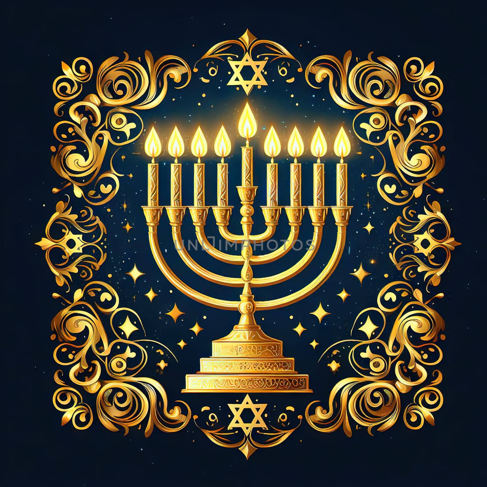 Hanukkah candles. Traditional candelabra with burning candles on dark background. Celebrating a religious Jewish holiday. Star of david and sparkles