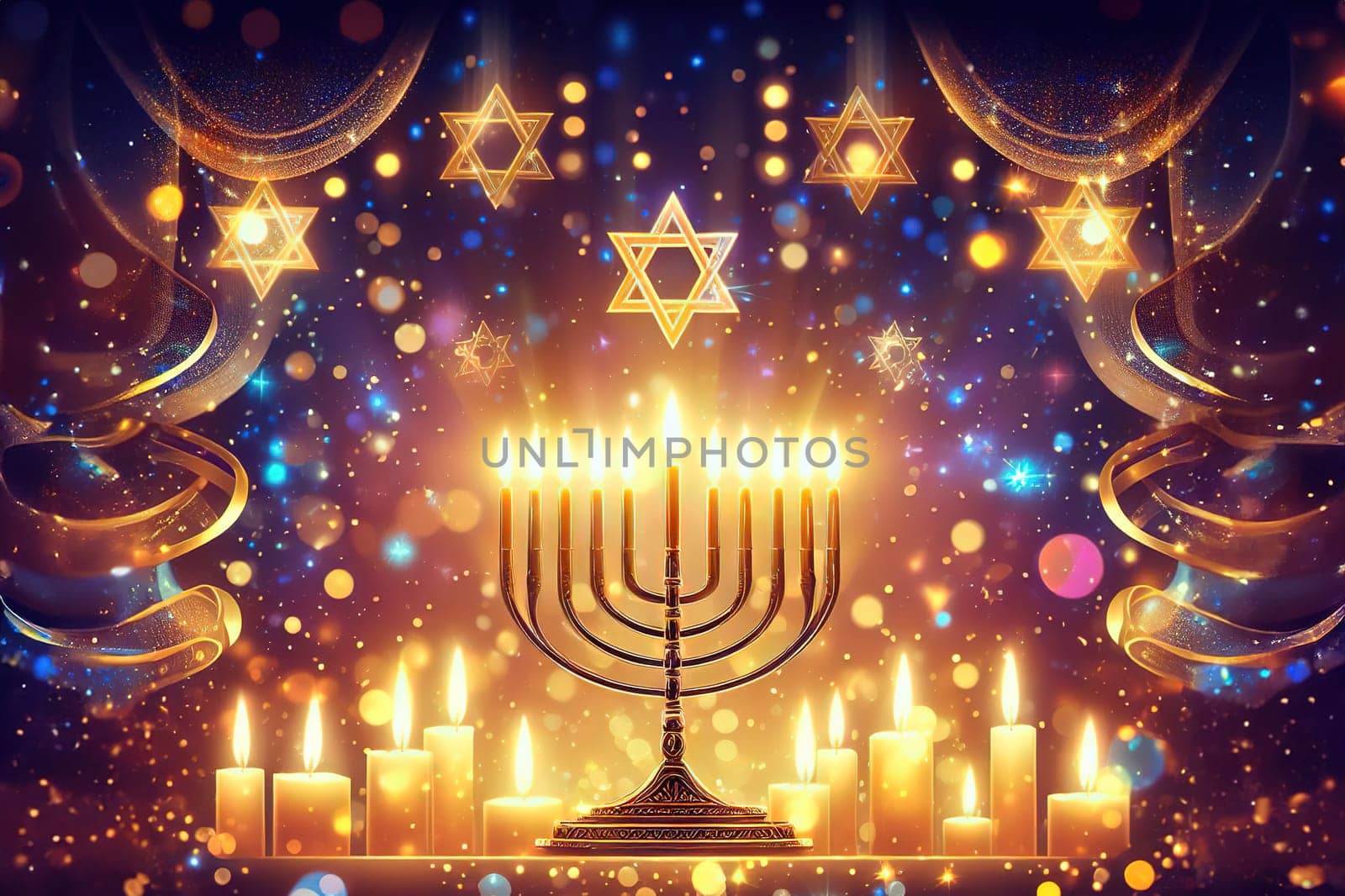 Hanukkah abstract defocused background - menorah with bright dust on wooden by EkaterinaPereslavtseva