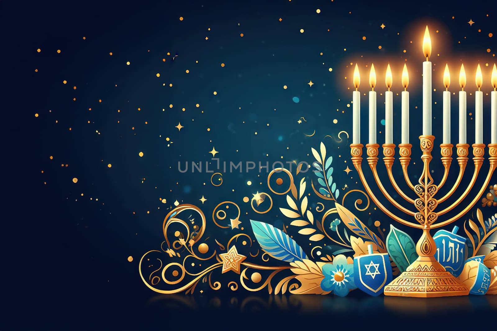 Concept banner for Jewish holiday Hanukkah, space for text on background with bokeh