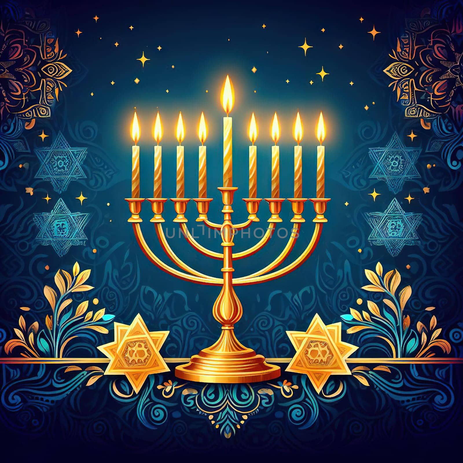 Happy Hanukkah, golden menorah. Jewish holiday Hanukkah, greeting card with traditional candles symbols of Hanukkah. On a colored background