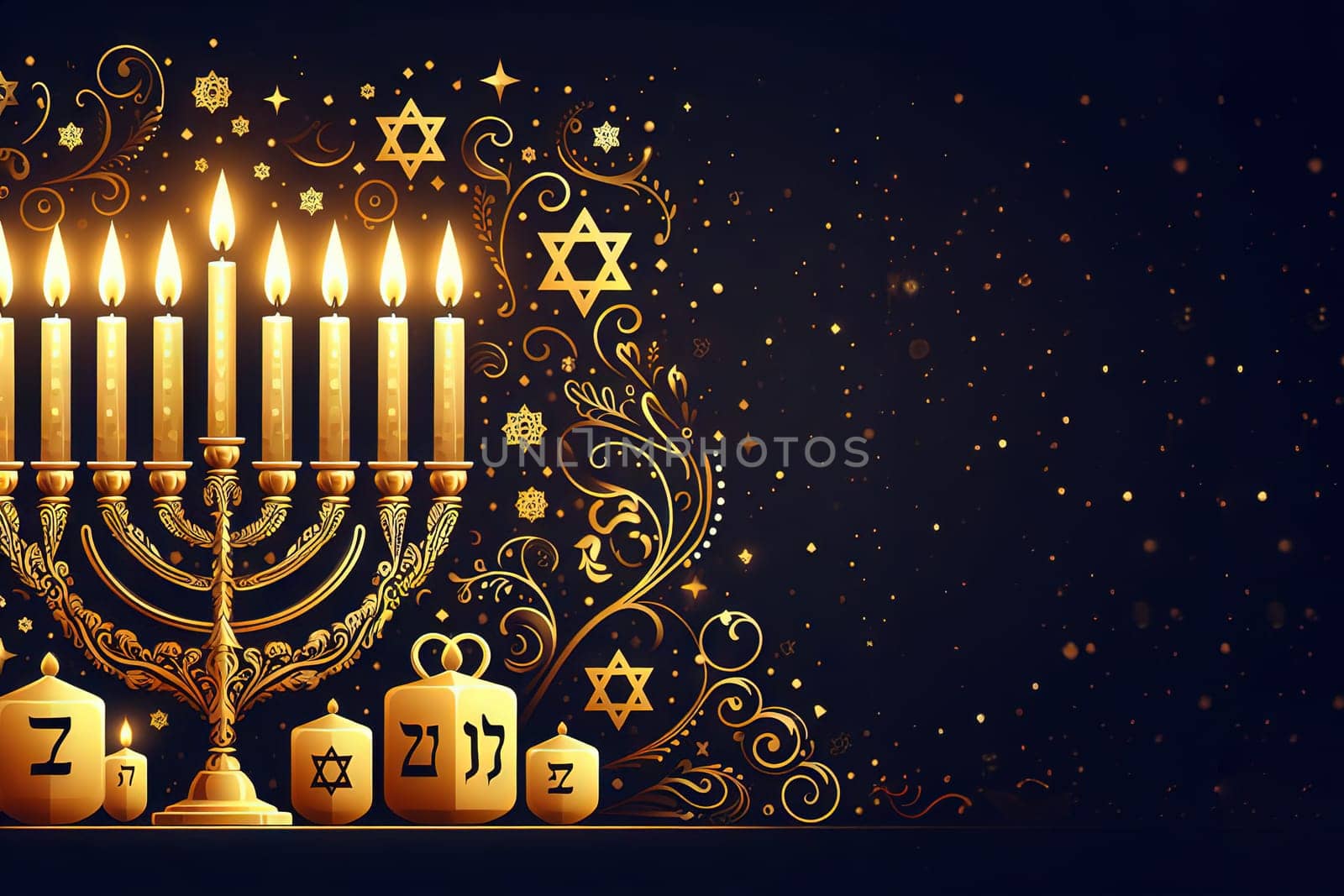 Concept jewish religious holiday hanukkah with glittering raditional chandelier menorah, spinning top toys dreidel, a doughnut and chocolate coins