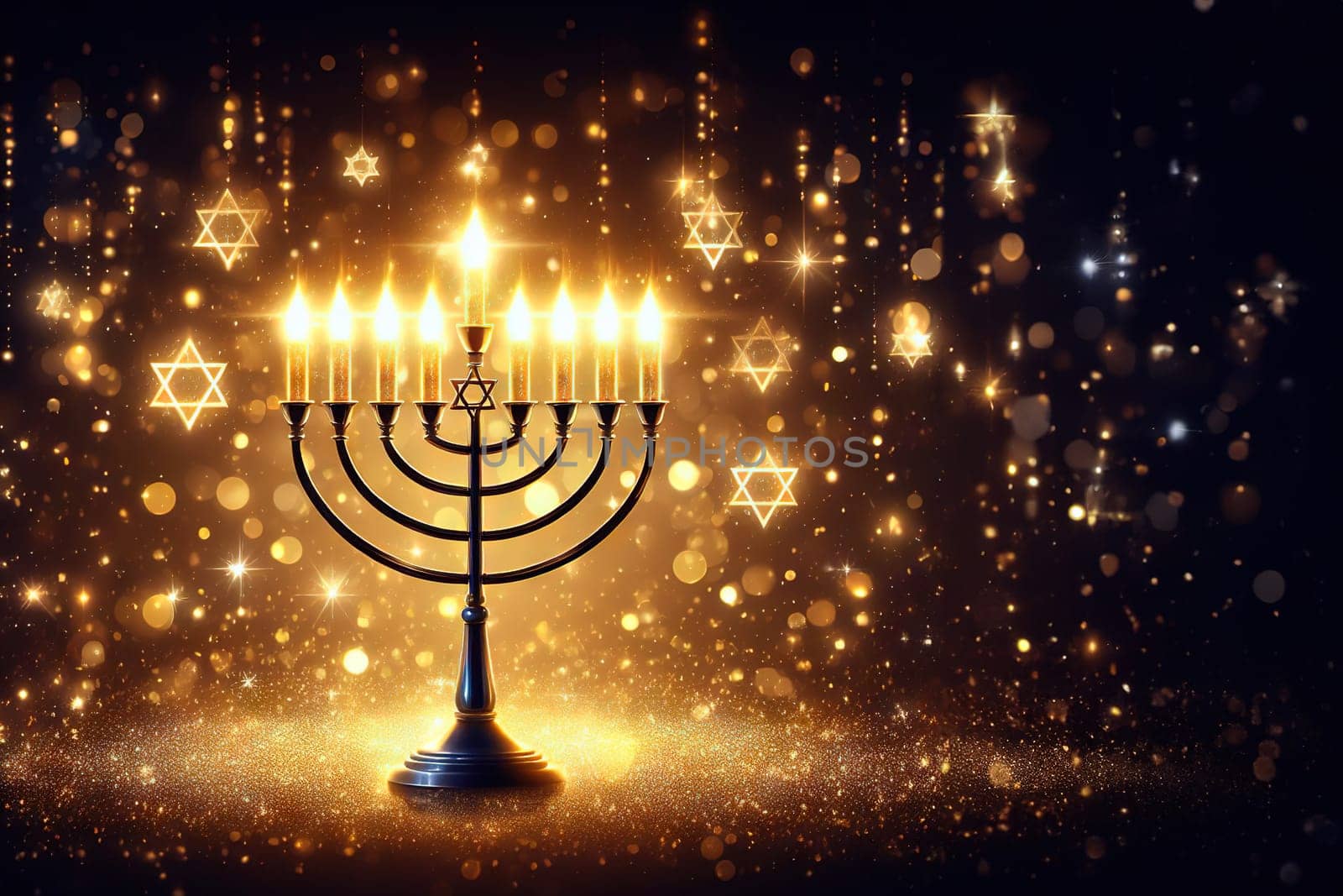 Hanukkah abstract defocused background - menorah with bright dust on wooden table, beautiful religious card