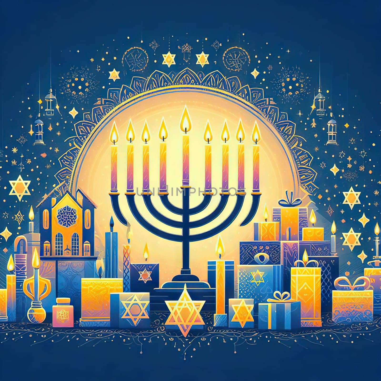 Happy Hanukkah, golden menorah. Jewish holiday Hanukkah, greeting card by EkaterinaPereslavtseva