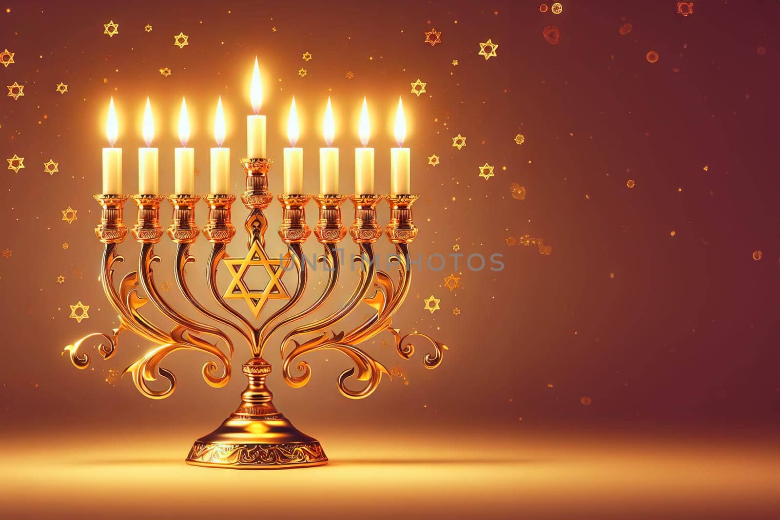 Concept banner for Jewish holiday Hanukkah, space for text on background with bokeh