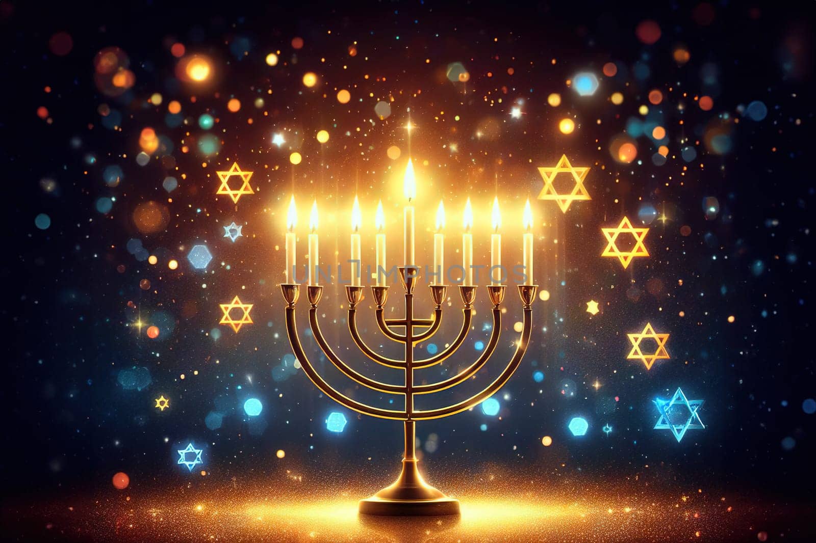 Hanukkah candles. Traditional candelabra with burning candles on dark background. Celebrating a religious Jewish holiday. Star of david and sparkles