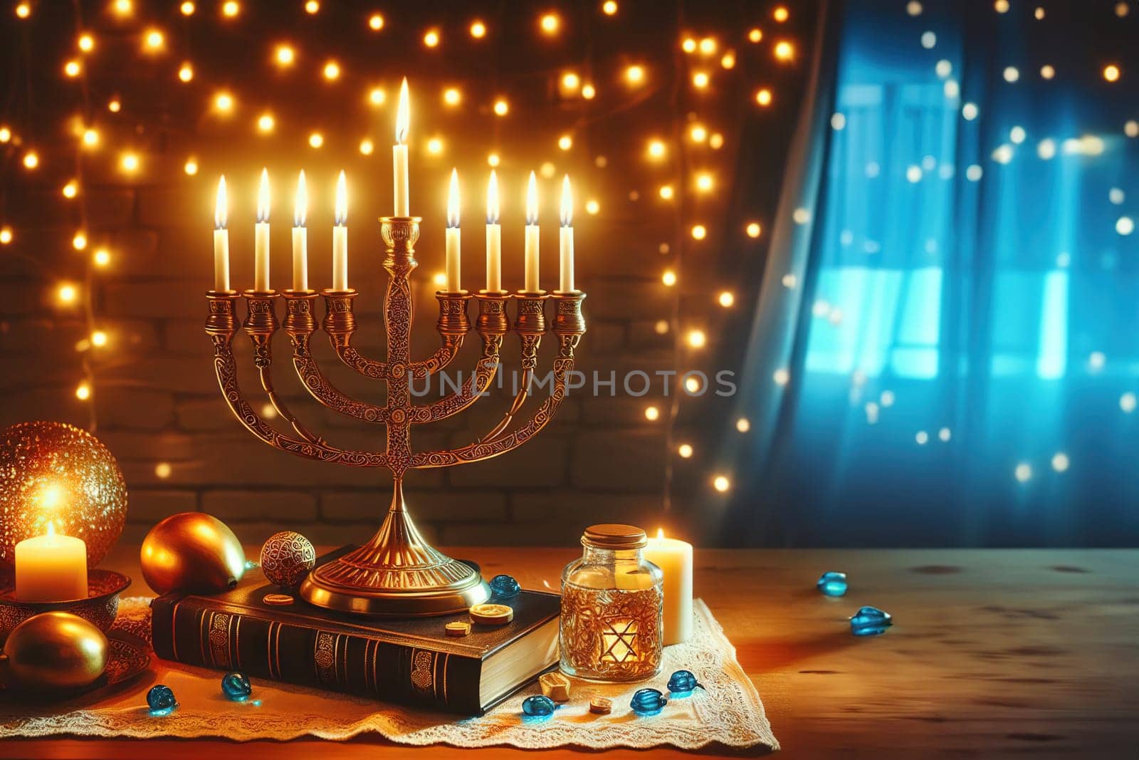 Concept jewish religious holiday hanukkah with glittering raditional chandelier by EkaterinaPereslavtseva