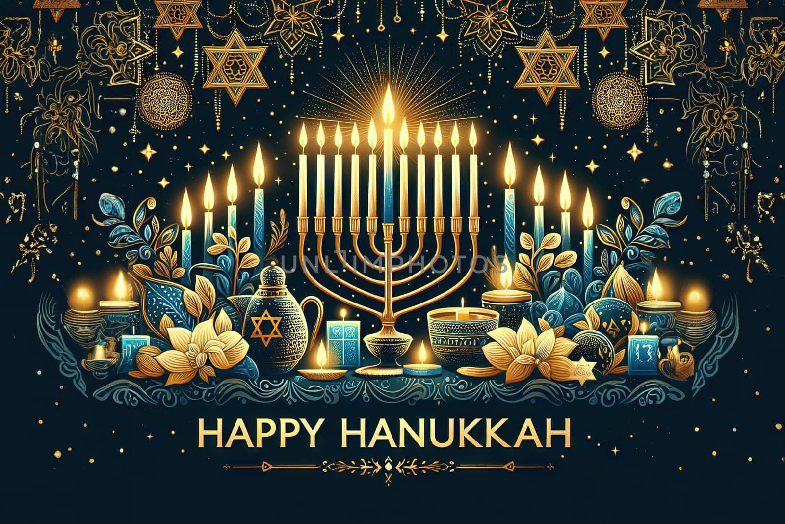 Hanukkah candles. Traditional candelabra with burning candles on dark background. Celebrating a religious Jewish holiday. Star of david and sparkles