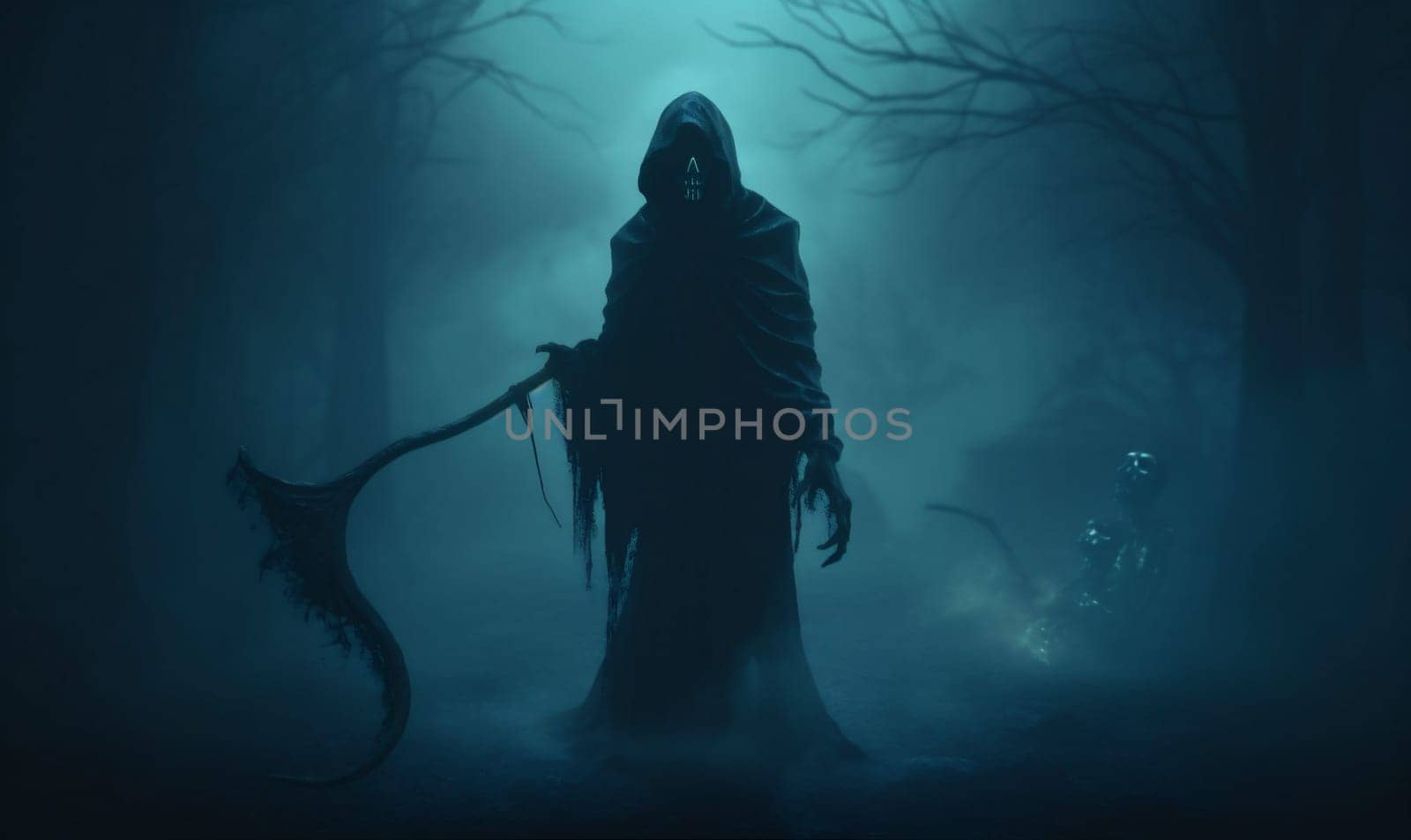 evil horror creepy hood fear halloween death ghost skeleton night. Generative AI. by Vichizh