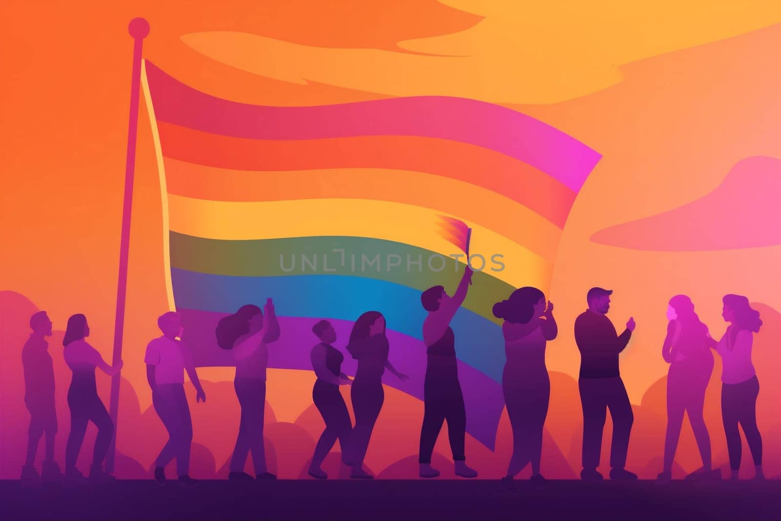 freedom celebration parade concept homosexual rainbow community group flag pride. Generative AI. by Vichizh