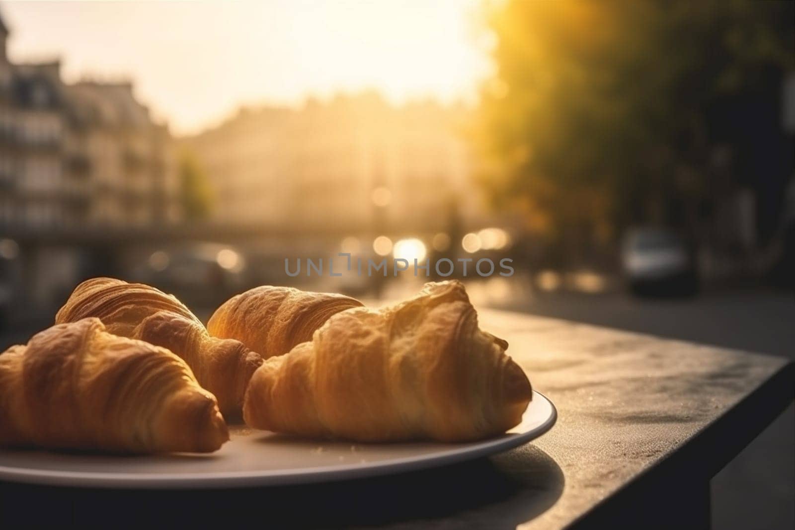 europa delicious table bake croissant cityscape bar urban landscape french breakfast drink paris food cup bakery hot europe france travel. Generative AI.