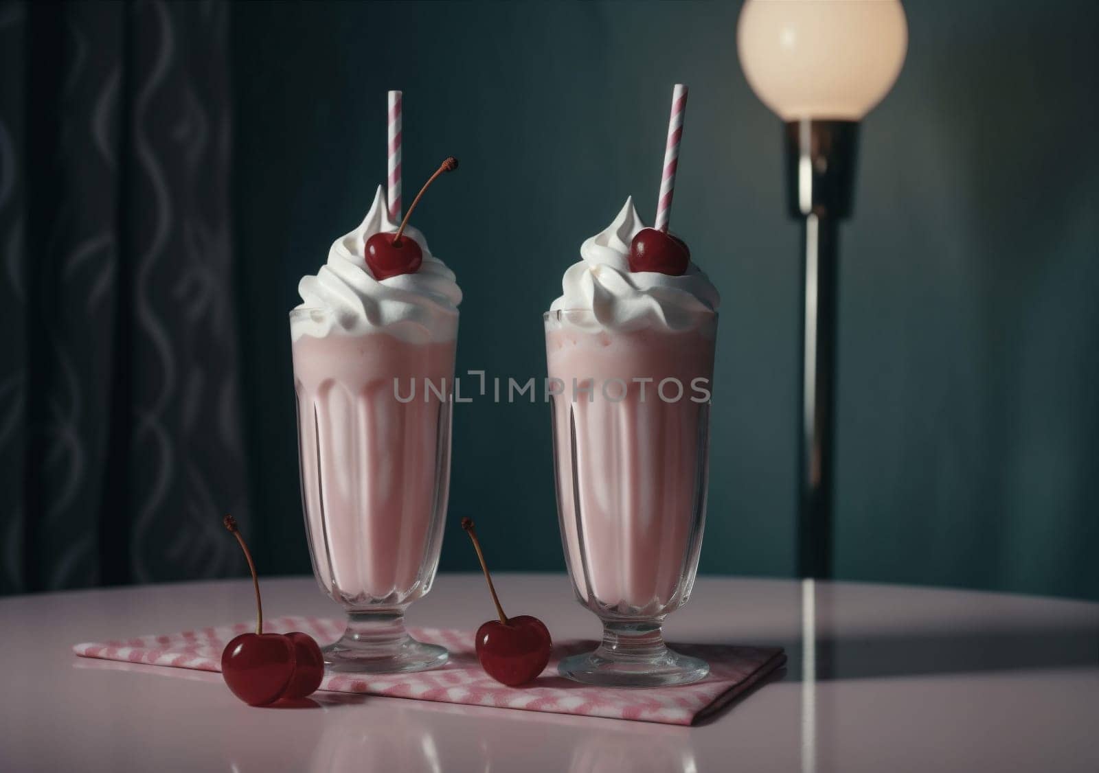 cocktail drink retro pink milkshake cream ice beverage sweet glass. Generative AI. by Vichizh
