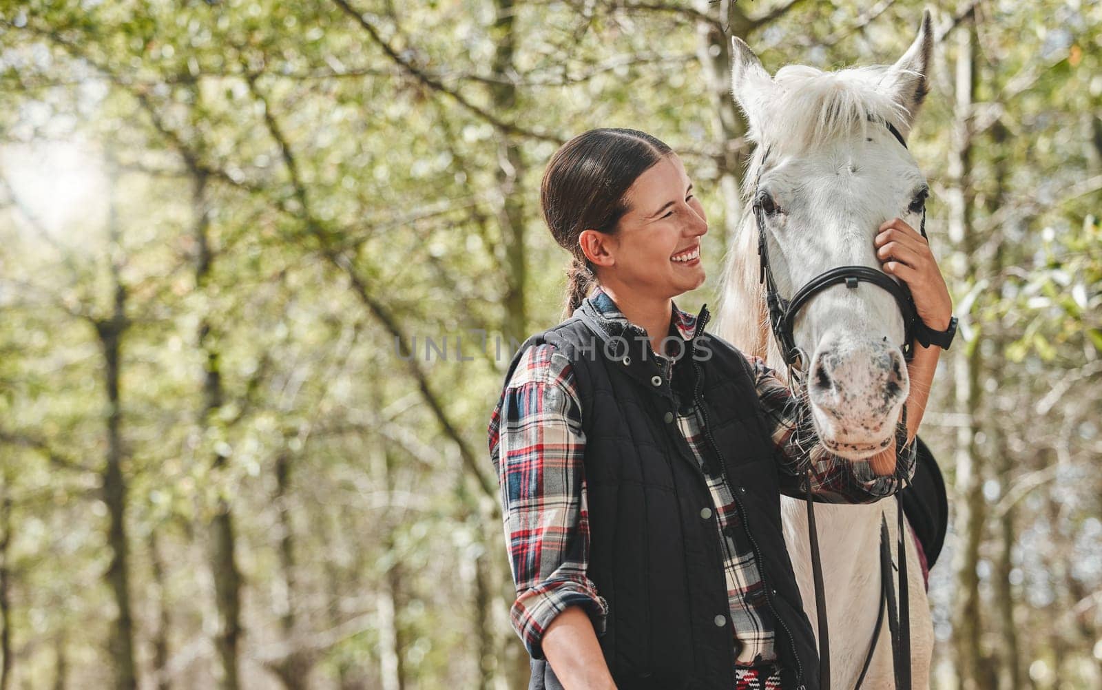 Happy woman with horse standing in forest, nature and love for animals, pets or dressage with trees in mockup space. Equestrian sport, jockey or rider in woods for adventure, pride and smile on face