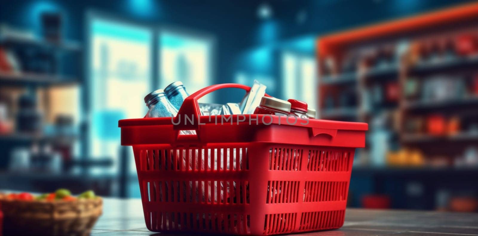 fresh online e-commerce person cart market delivery retail illustration shop grocery product vegetable organic shopping lifestyle food basket store supermarket. Generative AI.
