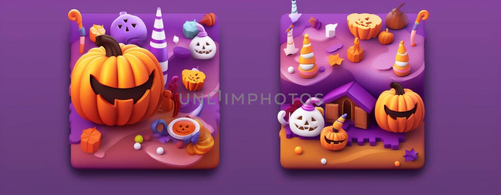party spider purple orange pumpkin candy sweet celebration halloween holiday. Generative AI. by Vichizh