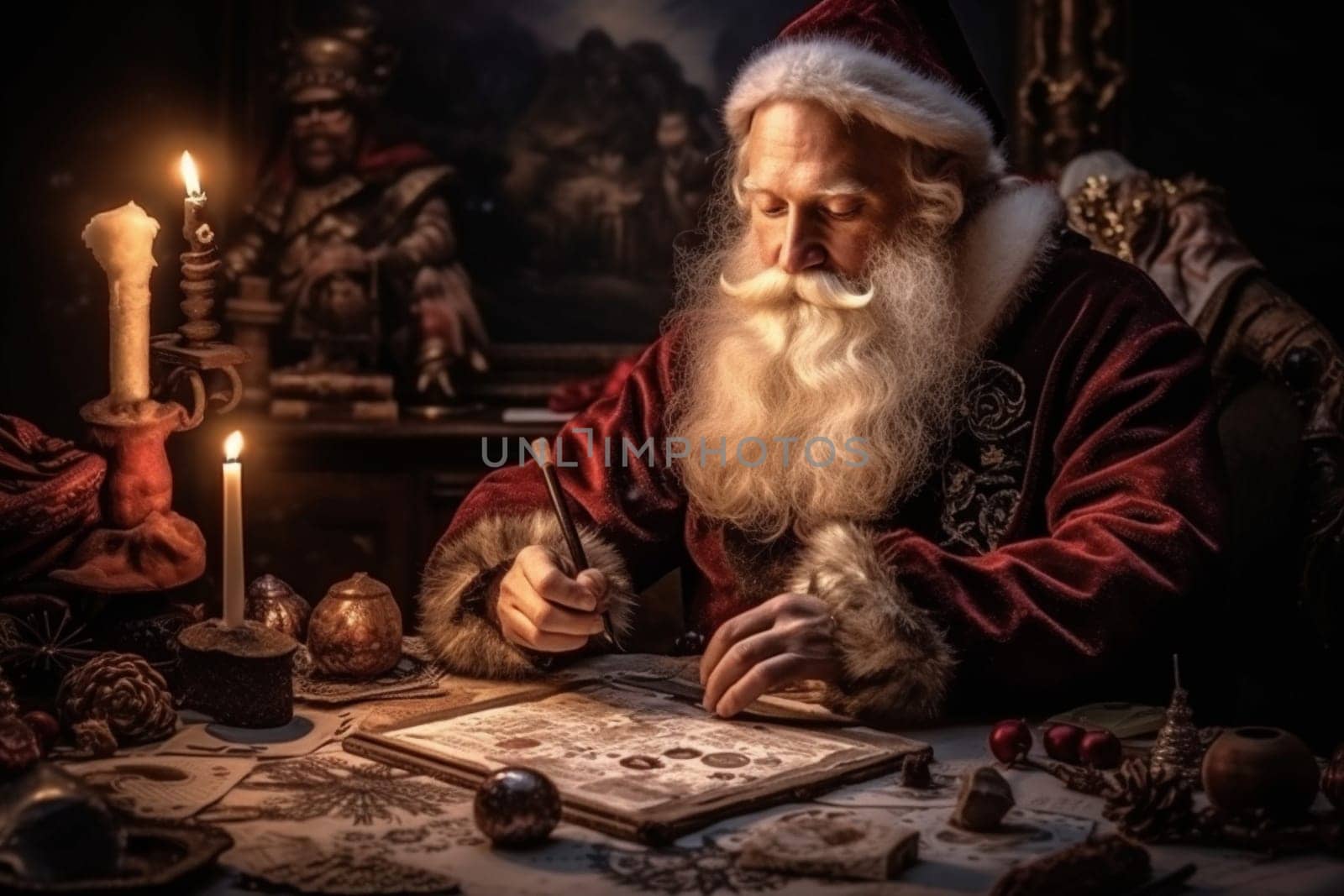 xmas christmas composition festive celebration celebrate blank holding hat letter table present merry gift holiday santa wooden wish eve new. Generative AI.