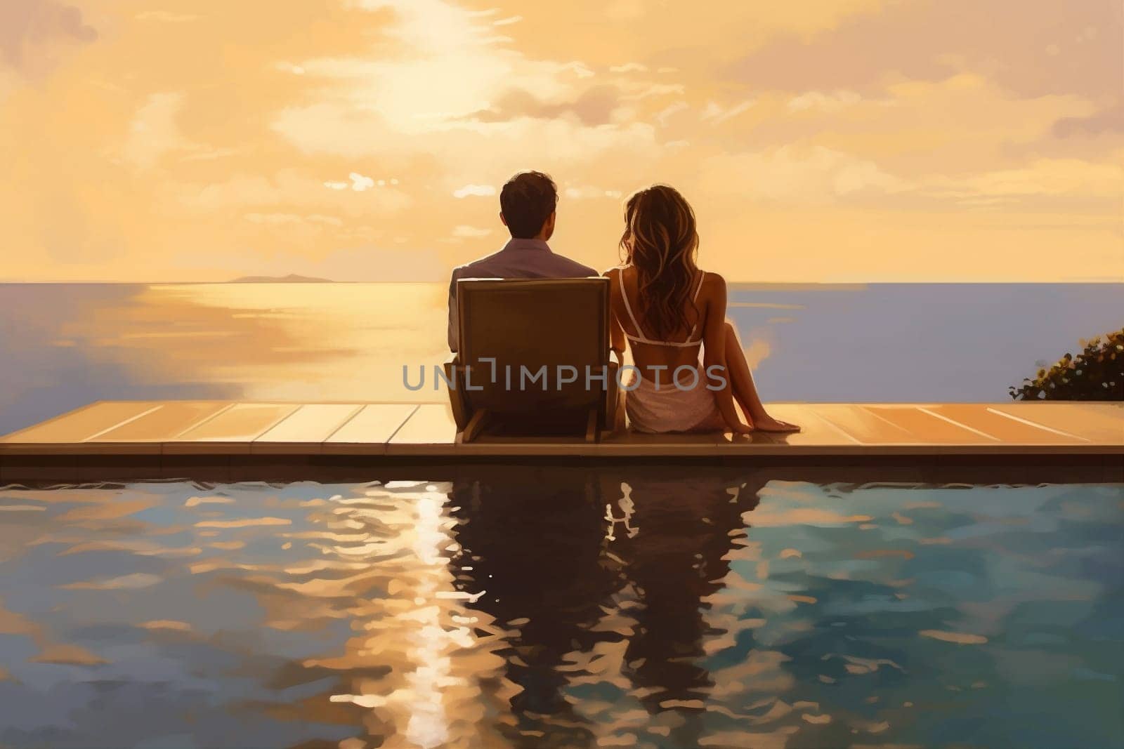 honeymoon vacation travel swimming couple romantic pool back sunset relax. Generative AI. by Vichizh