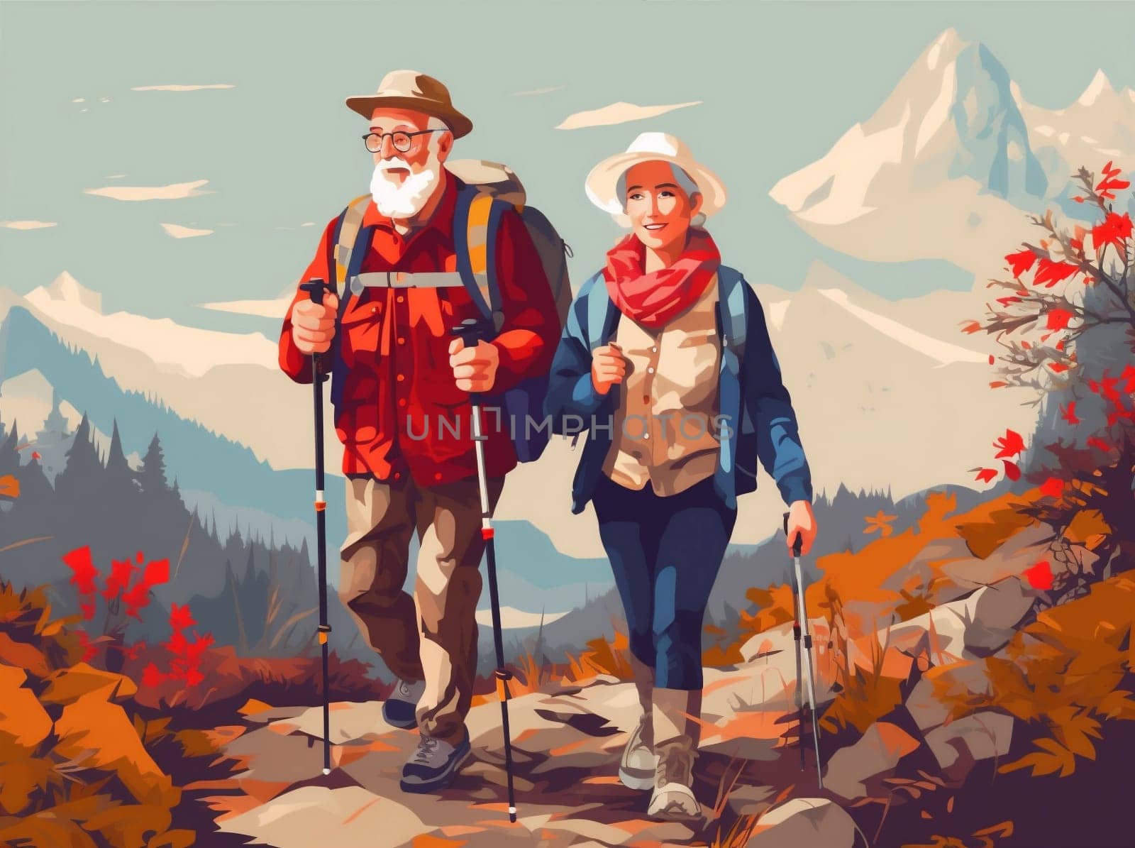 hiking woman cartoon healthy happy active summer road walking outdoors activity elderly old kid love couple pensioner grandfather senior trekking. Generative AI.