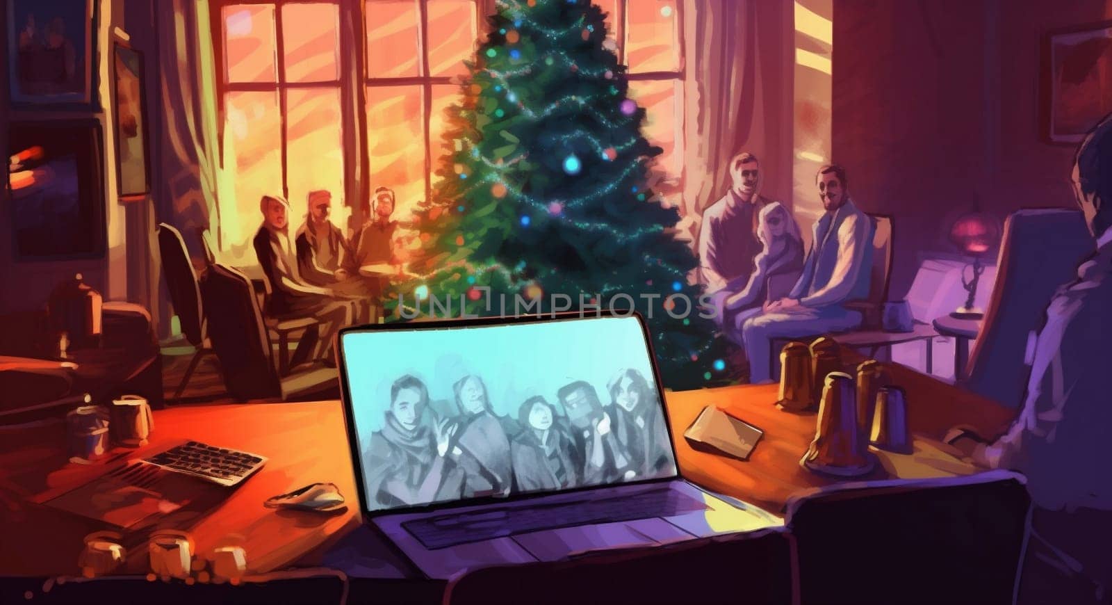 holiday male laptop claus character tree indoor cheerful cyberspace communication celebration illustration family christmas interior happy chat house santa home. Generative AI.