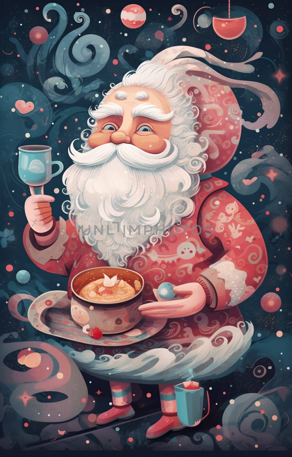 man santa claus beverage male christmas holiday merry mug cute home. Generative AI. by Vichizh