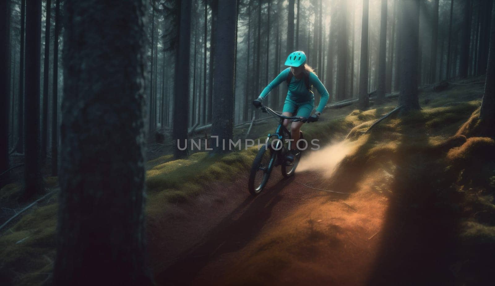 woman cycling sunset wood biking female bicycle biker tree nature healthy dark leisure bike forest exercise summer lifestyle walking person sport. Generative AI.