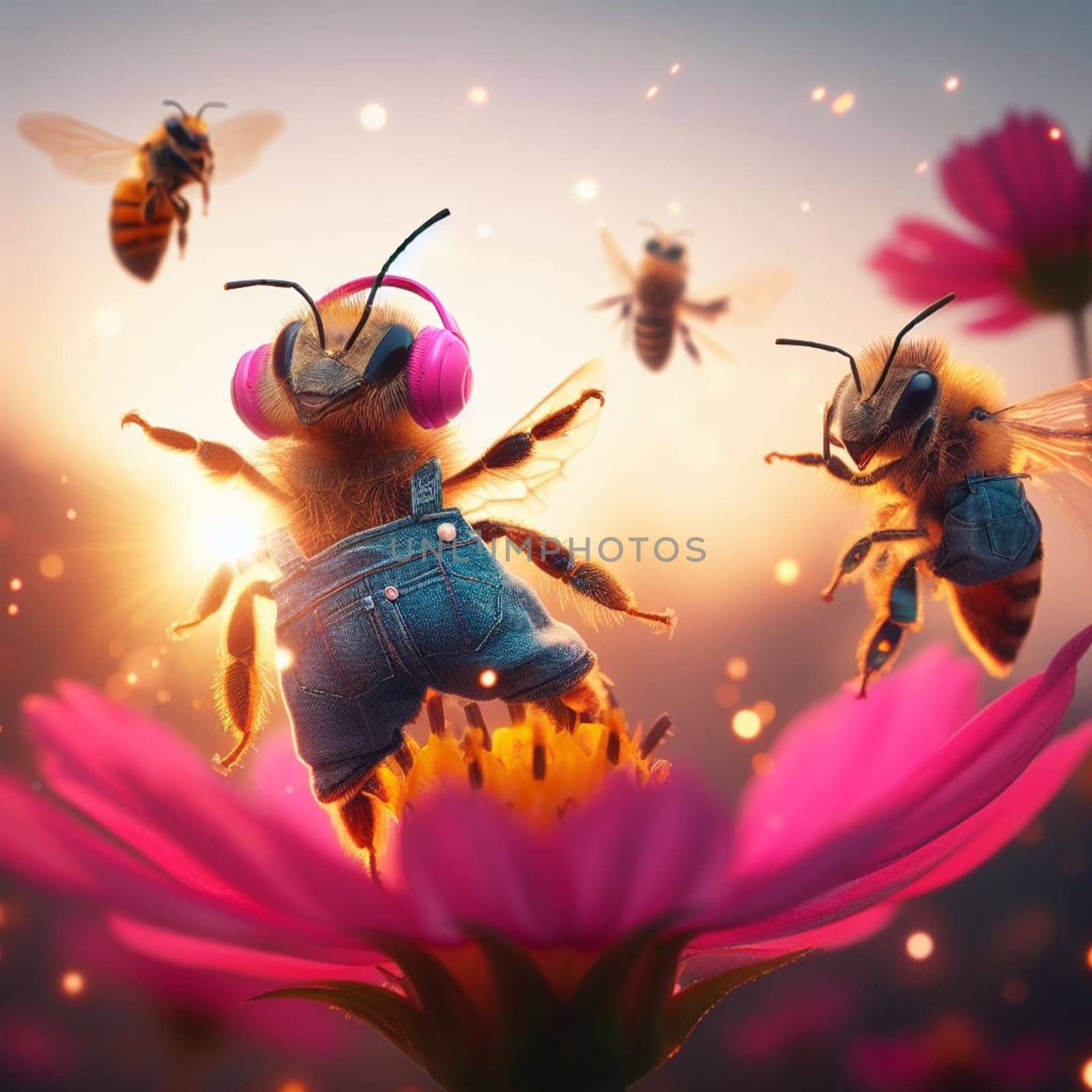 bee pollinize flower at sunrise macro close up shot generative ai art