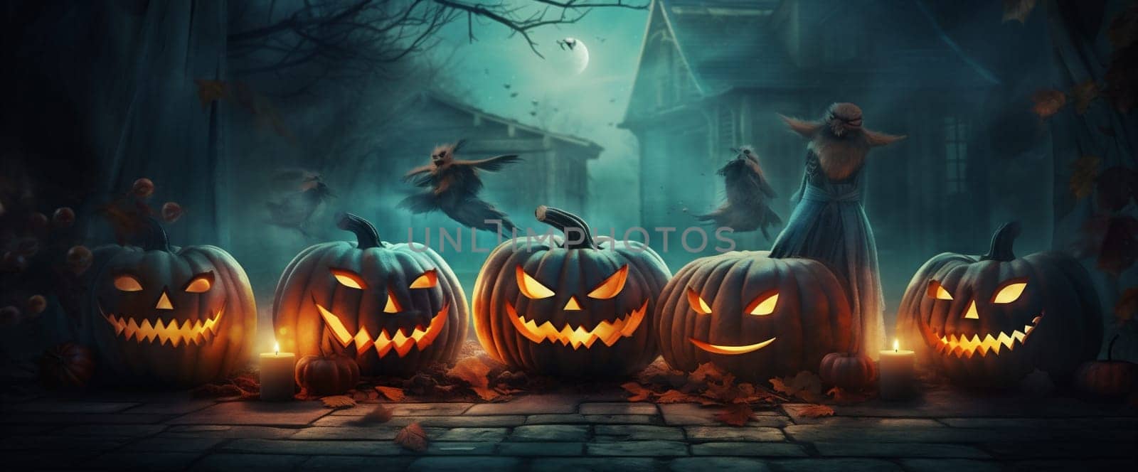 jack blue october grave horror mystery fall design autumn grunge copyspace halloween pumpkin light night background table moon evil funny fear. Generative AI.