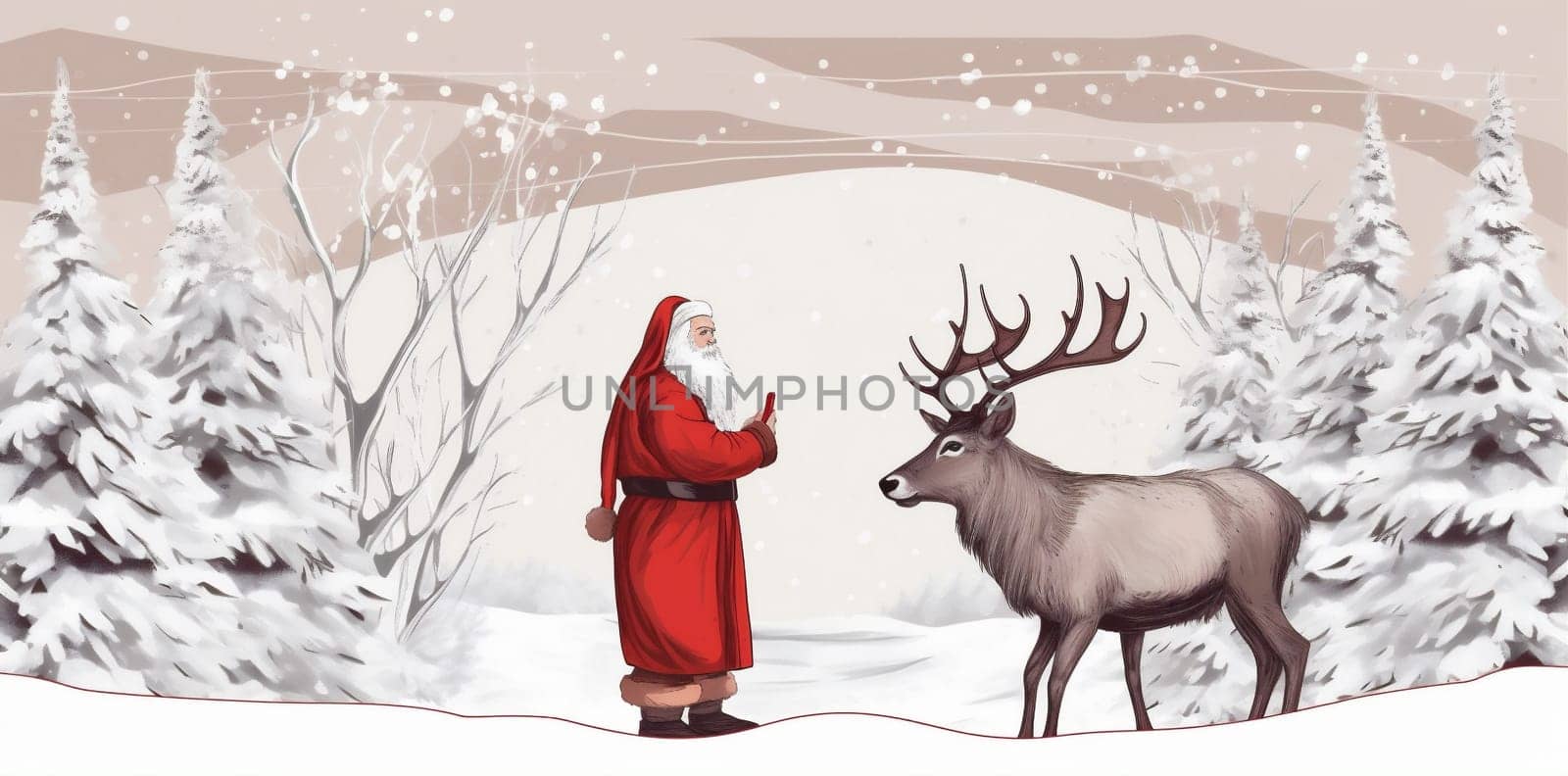 snow sleigh vintage greeting reindeer card claus illustration santa christmas. Generative AI. by Vichizh