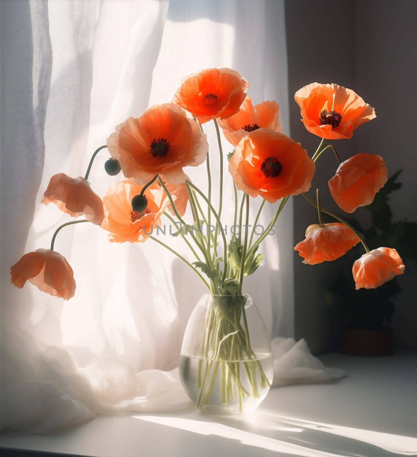 floral beautiful bouquet decoration flower vase sunshine background decor red poppy. Generative AI. by Vichizh