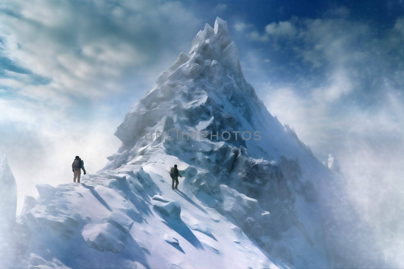 outdoor landscape mountain nature adventure snow ice sky hiking backpacker tourism hike lifestyle activity group winter hill sport blizzard blue. Generative AI.