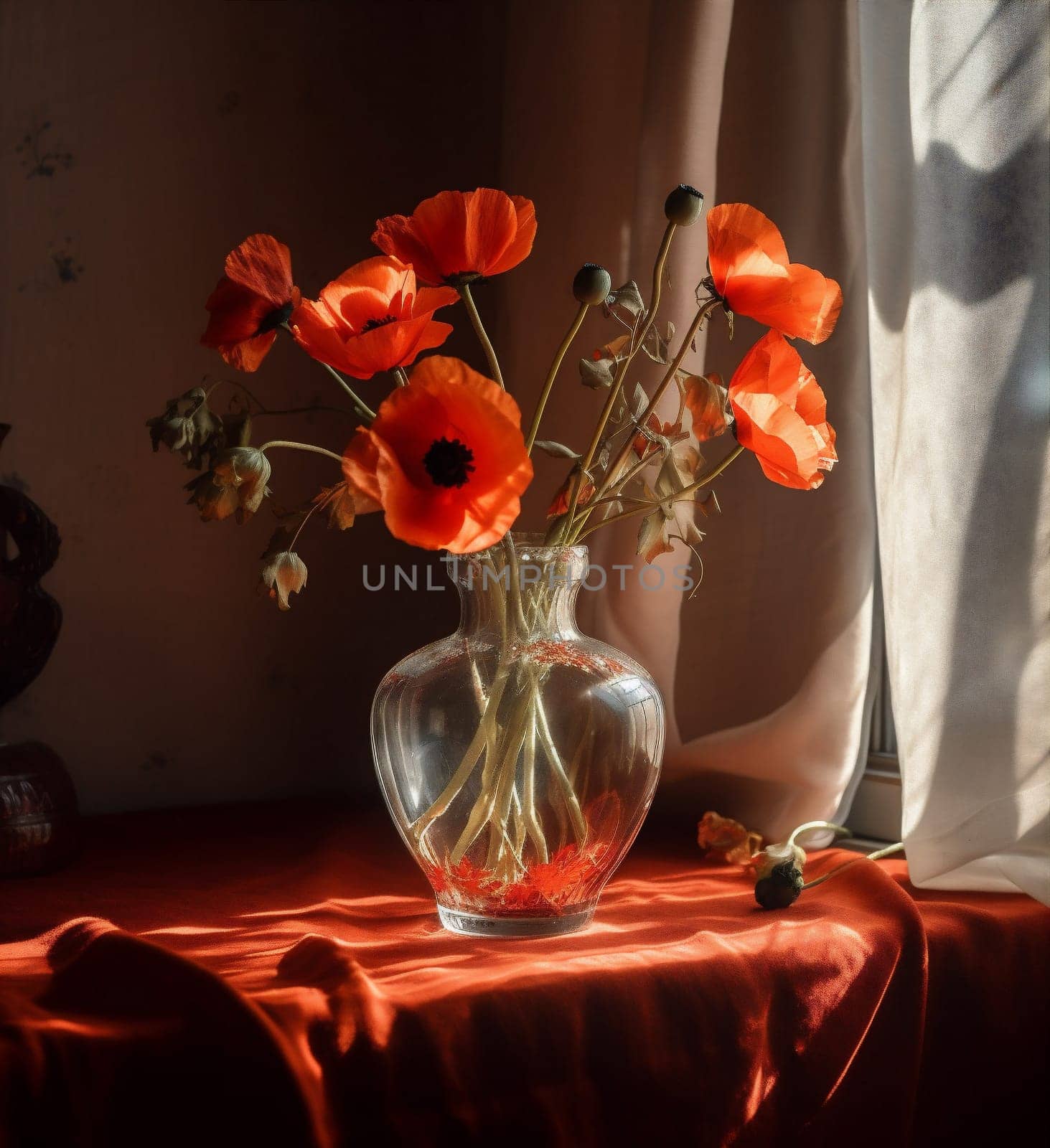 vase poppy red flower beautiful floral background birthday decoration sunshine bouquet. Generative AI. by Vichizh