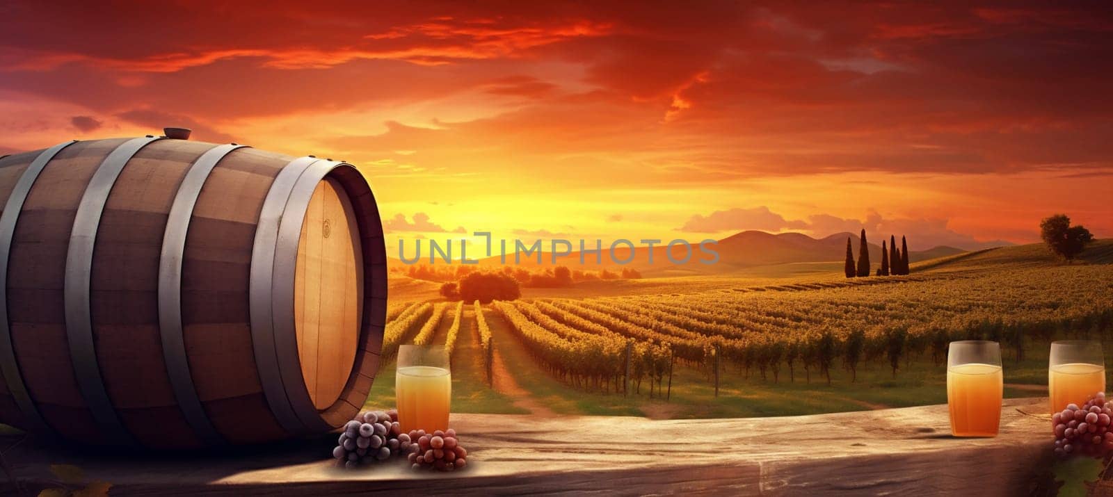 drink glass wine alcohol barrel grape winery beverage bottle sunset. Generative AI. by Vichizh