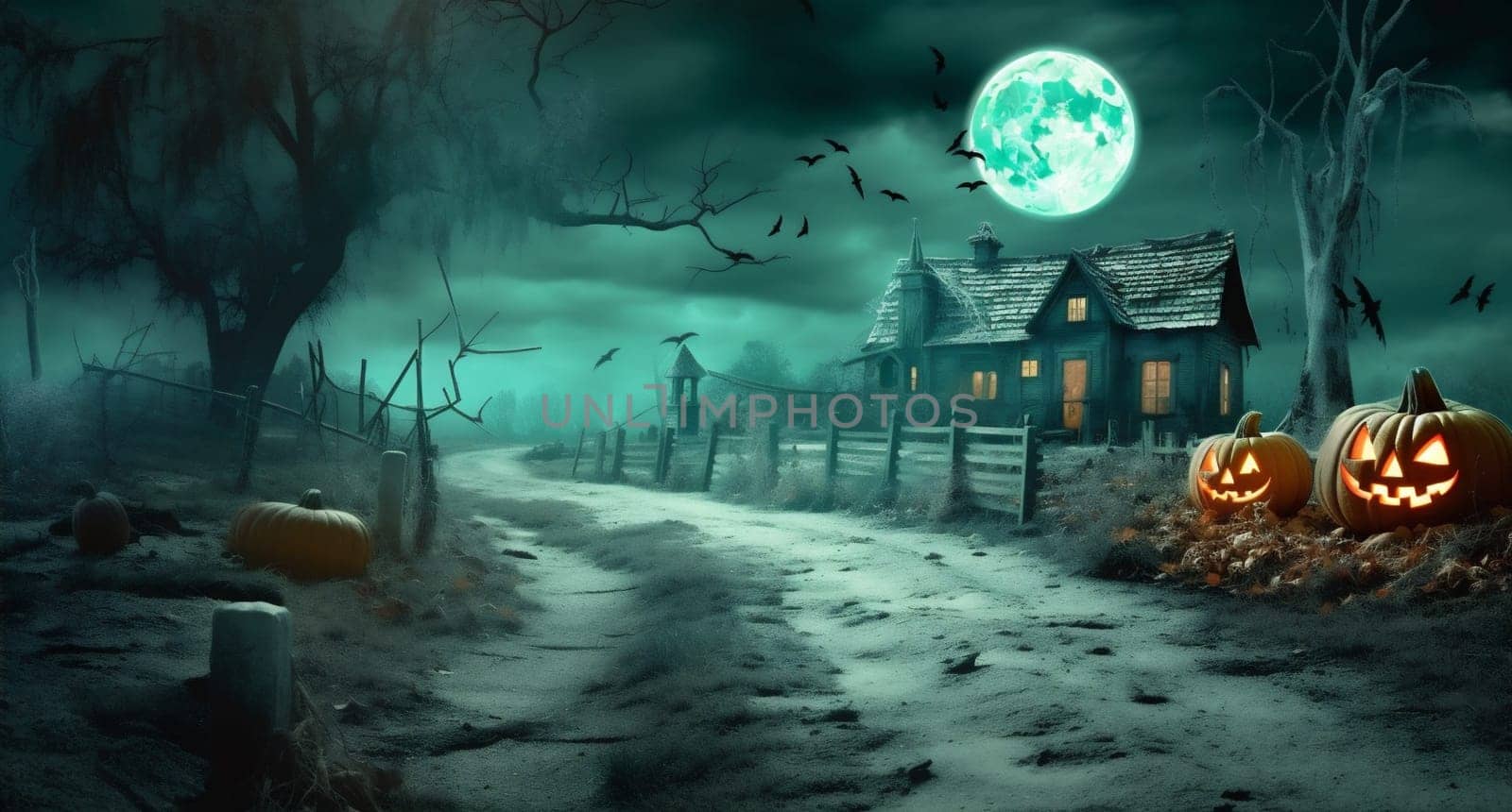 mystery night forest full dark tree grave pumpkin moon scary gothic holiday halloween fear cemetery background silhouette bat poster horror. Generative AI.