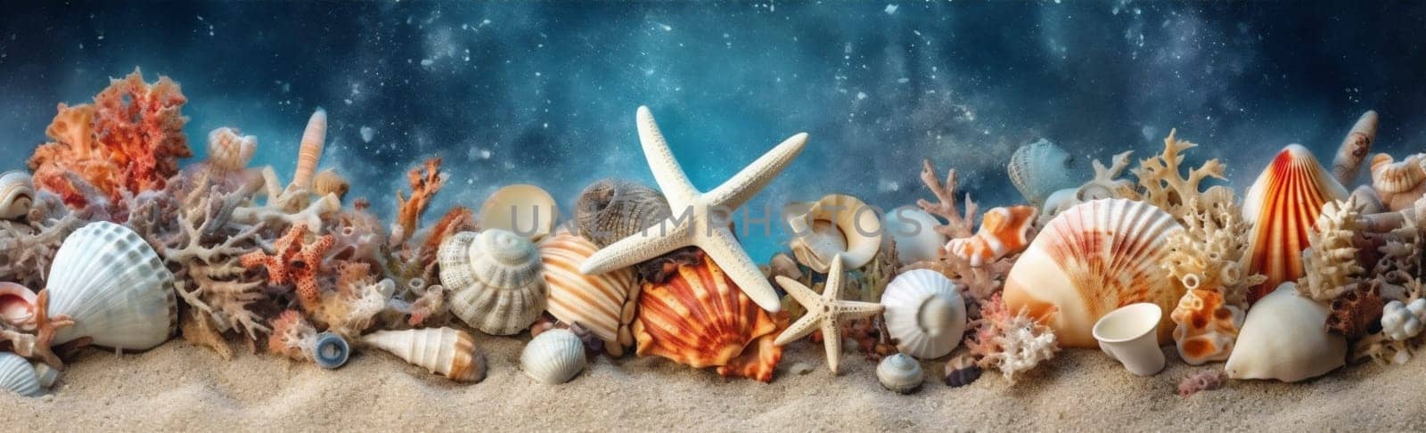holiday shell ocean sea nature banner beach tropical sand summer. Generative AI. by Vichizh