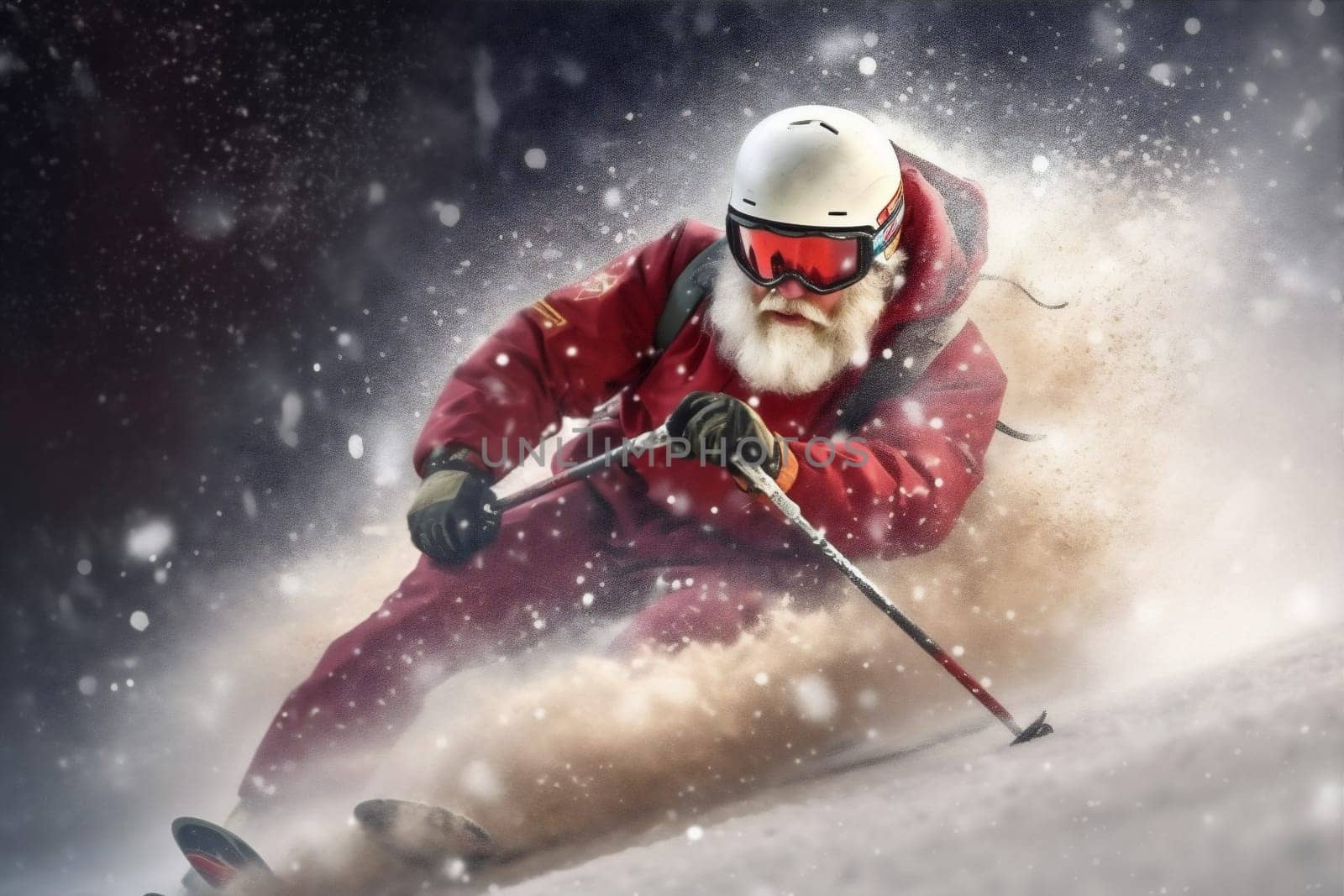 snow santa skier snowboarder sport holiday mountain ski christmas winter. Generative AI. by Vichizh