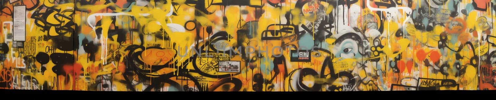 wall background spray yellow style paint graffiti urban colourful banner art. Generative AI. by Vichizh