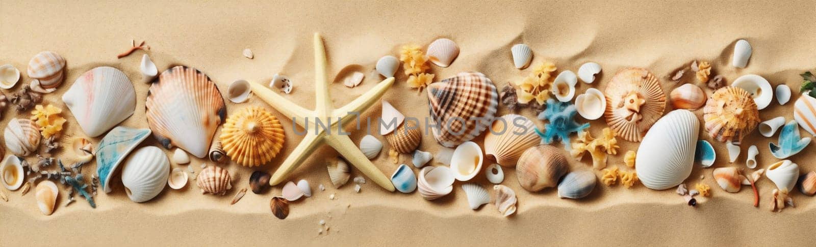 summer sand ocean sea nature banner shell tropical beach holiday. Generative AI. by Vichizh