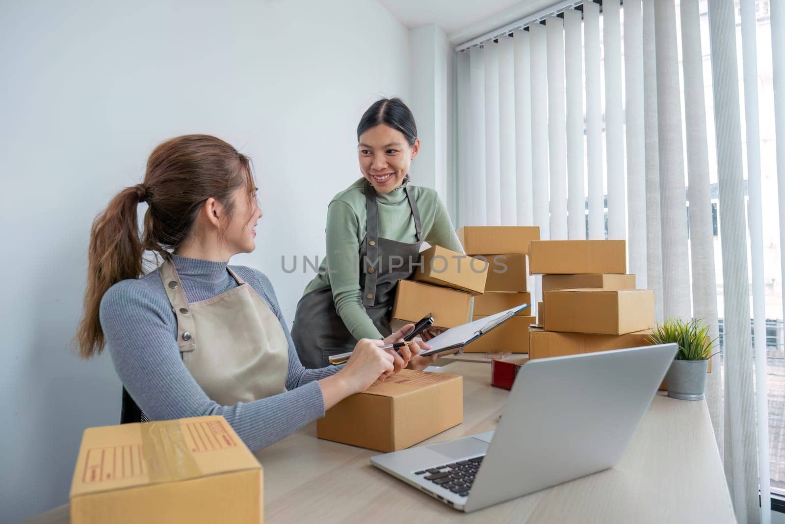 Two Asian entrepreneur women take order and check boxes of products according to customer orders in preparation for delivery..