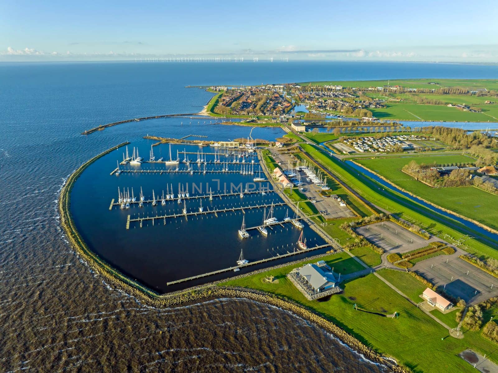Aerial from the harbor and city Stavoren at the IJsselmeer in the Netherlands