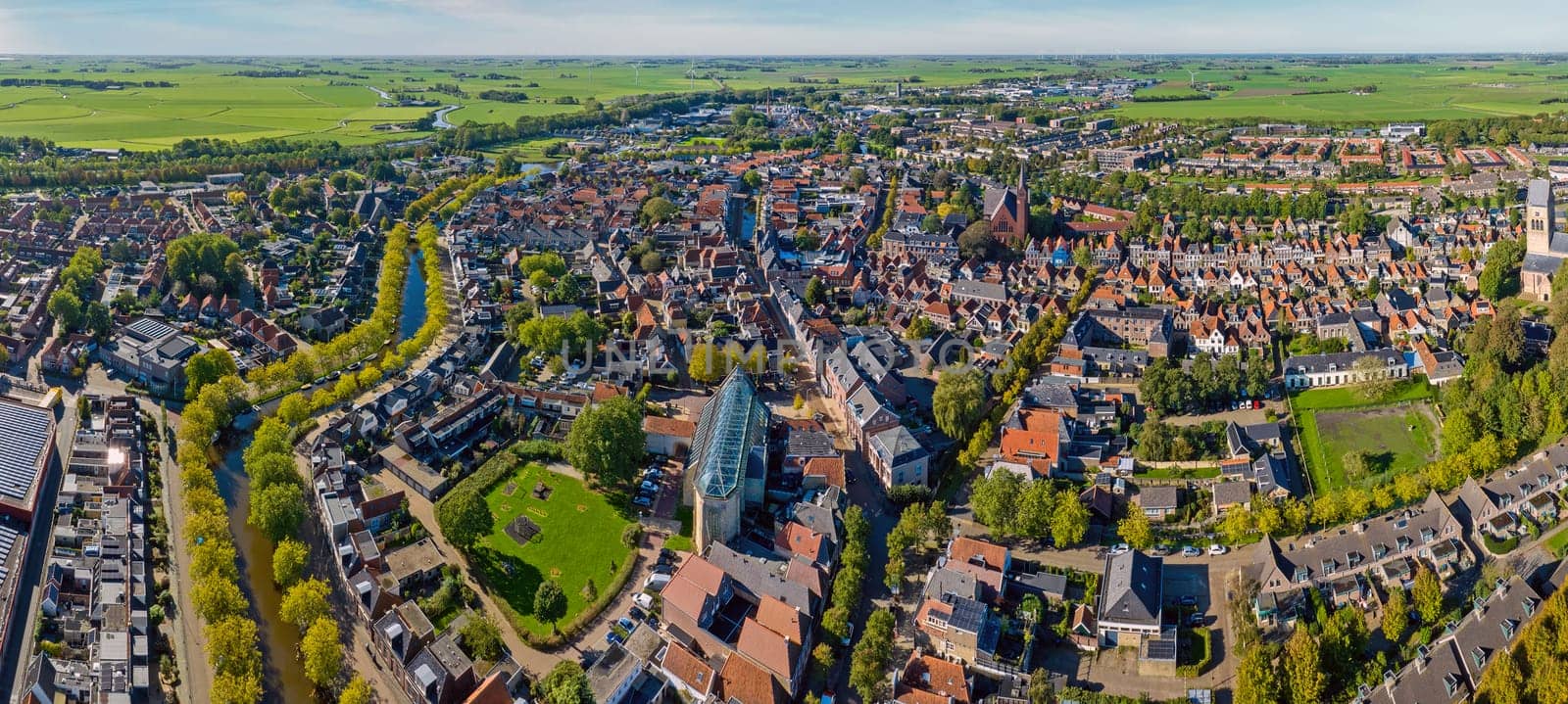 Aerial Panorama from the historial city Bolsward in Friesland the Netherlands