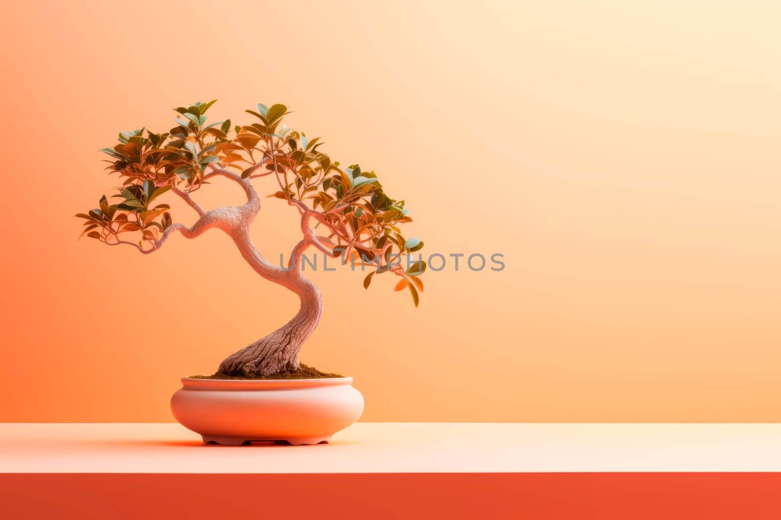 Miniature bonsai tree in a ceramic pot on a background with a copy space. Minimalism.