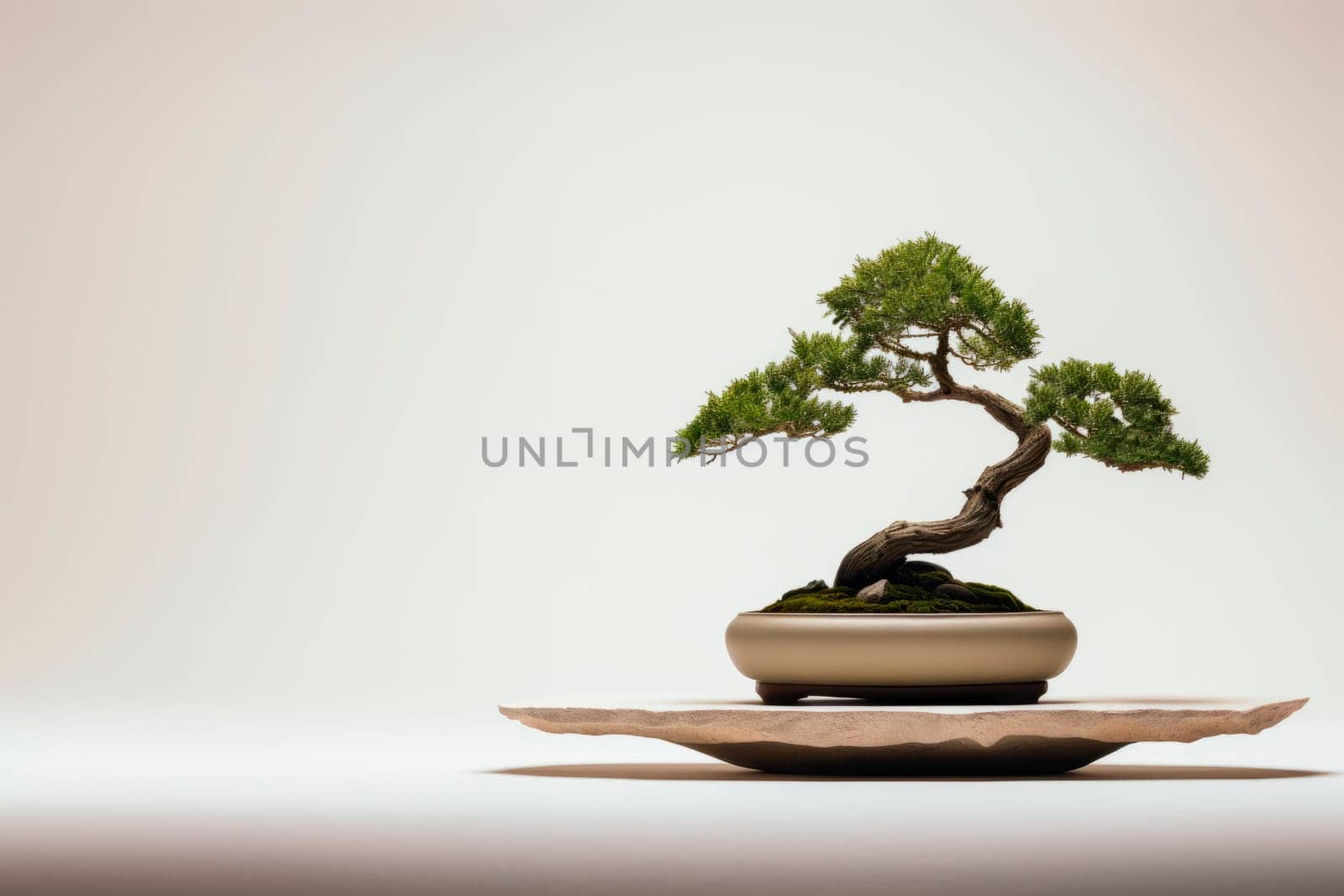 Miniature bonsai tree in a ceramic pot on a background with a copy space. Minimalism.