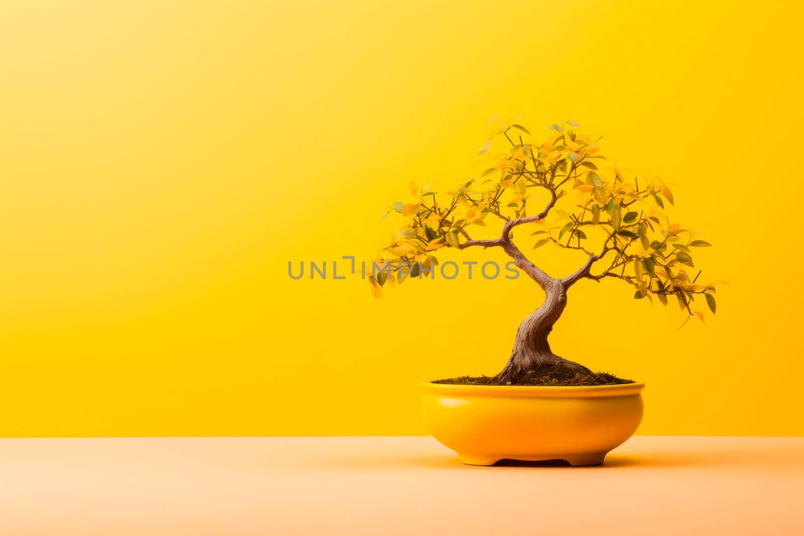 Miniature bonsai tree in a ceramic pot on a background with a copy space. Minimalism.