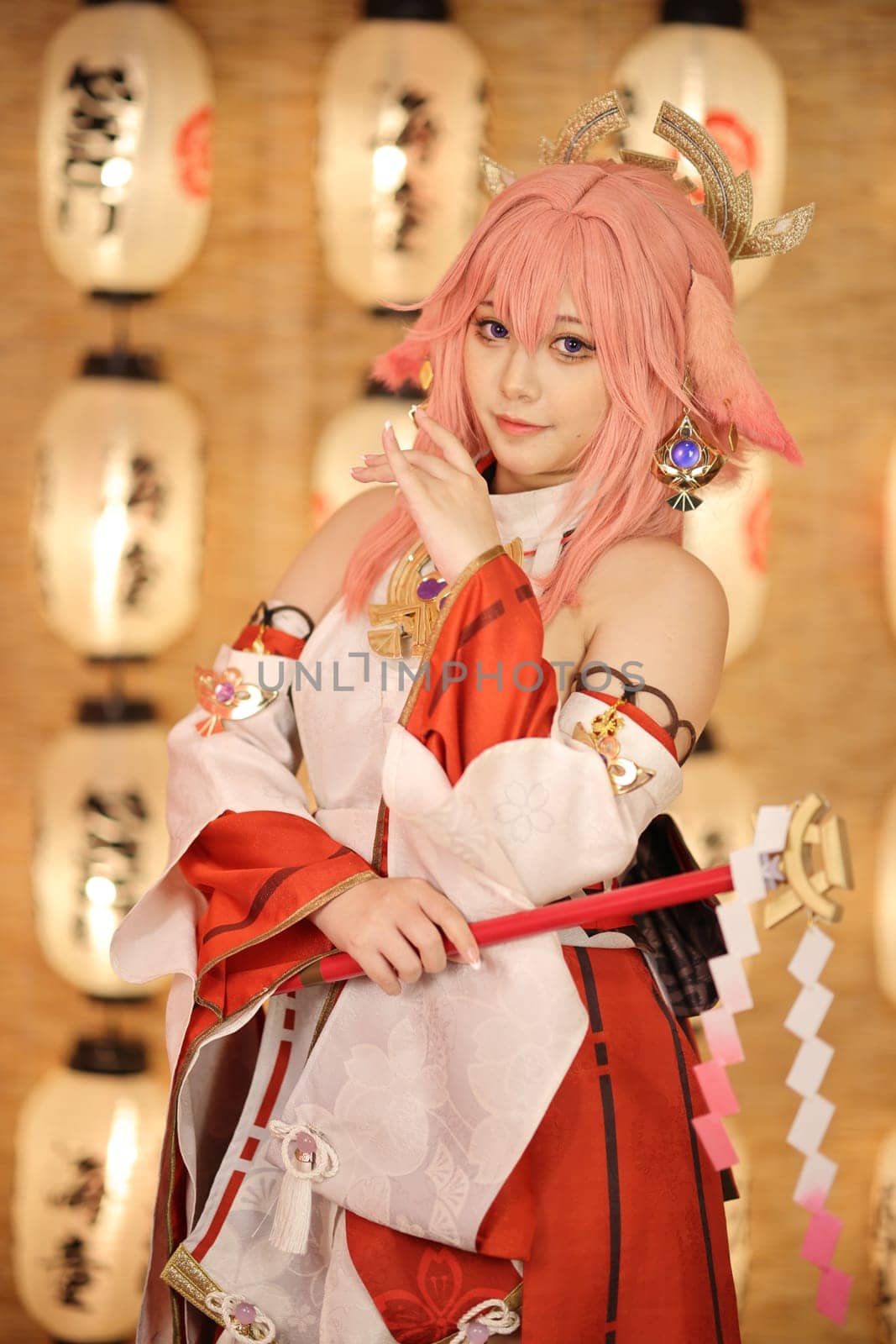 Portrait of a beautiful young woman game cosplay on japanese lantern by piyato