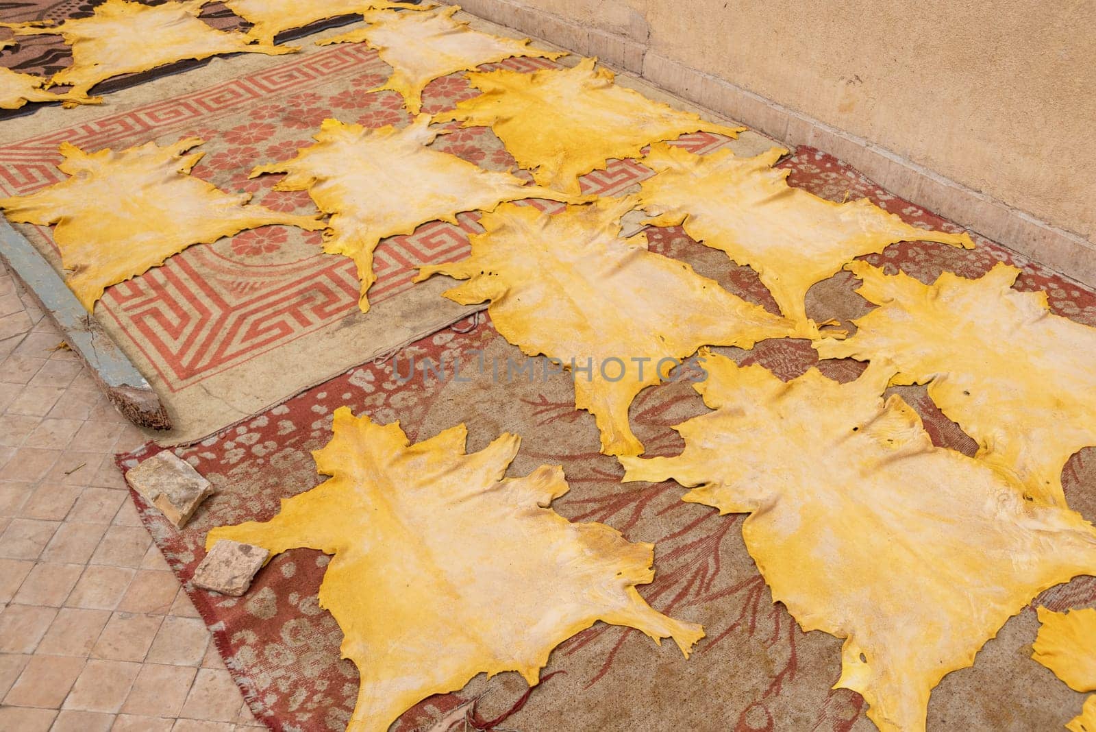 Leather being dried on a rooftop of a tannery in Fes, Morocco