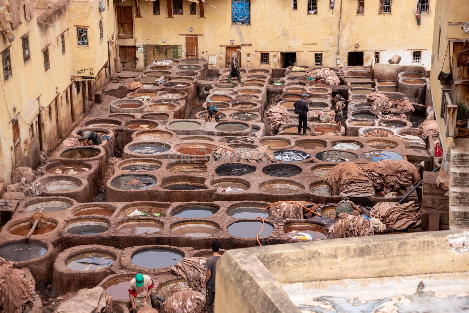 Famous tannery in the medina of Fes, where leather is being processed for generations, Morocco