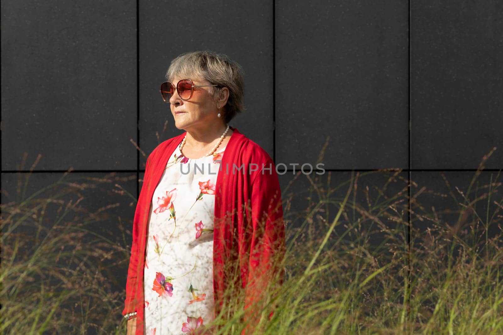 Portrait Real Beautiful Senior Old 70s Woman in City Summer Day. Portrait Of Kind Calm Retired Mature Lady With Sun Glasses. Authentic Lifestyle, Pension Horizontal Plane. Copy Space For Text.