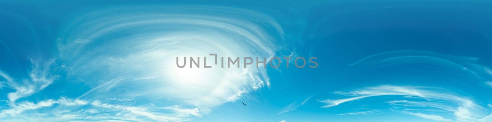 sky panorama with bright glowing Cirrus clouds. HDR 360 seamless spherical panorama. Full zenith or sky dome for 3D visualization, sky replacement for aerial drone panoramas. by Matiunina
