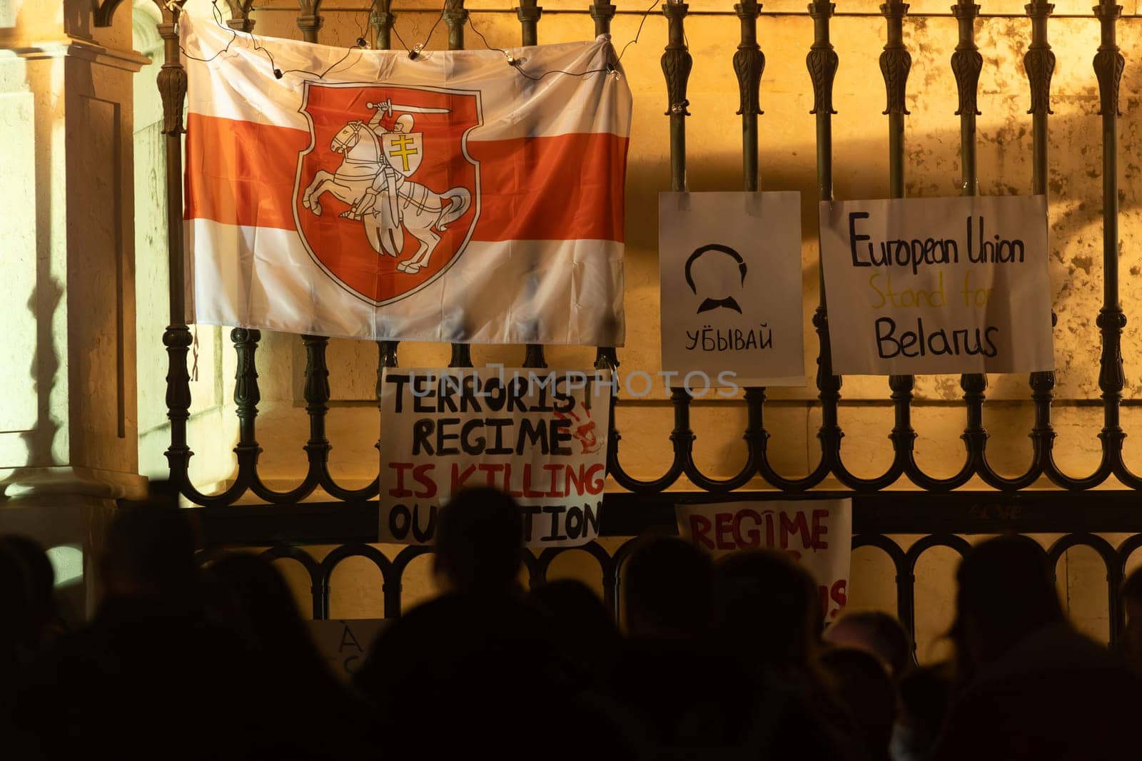 14 november 2023, Lisbon, Portugal - White red white flag of Belarus resistance - visit of opposition in Lisbon - telephoto