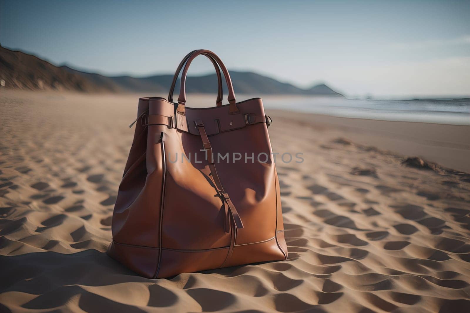 Leather handbag on the sand beach. Selective focus. ai generative by sanisra