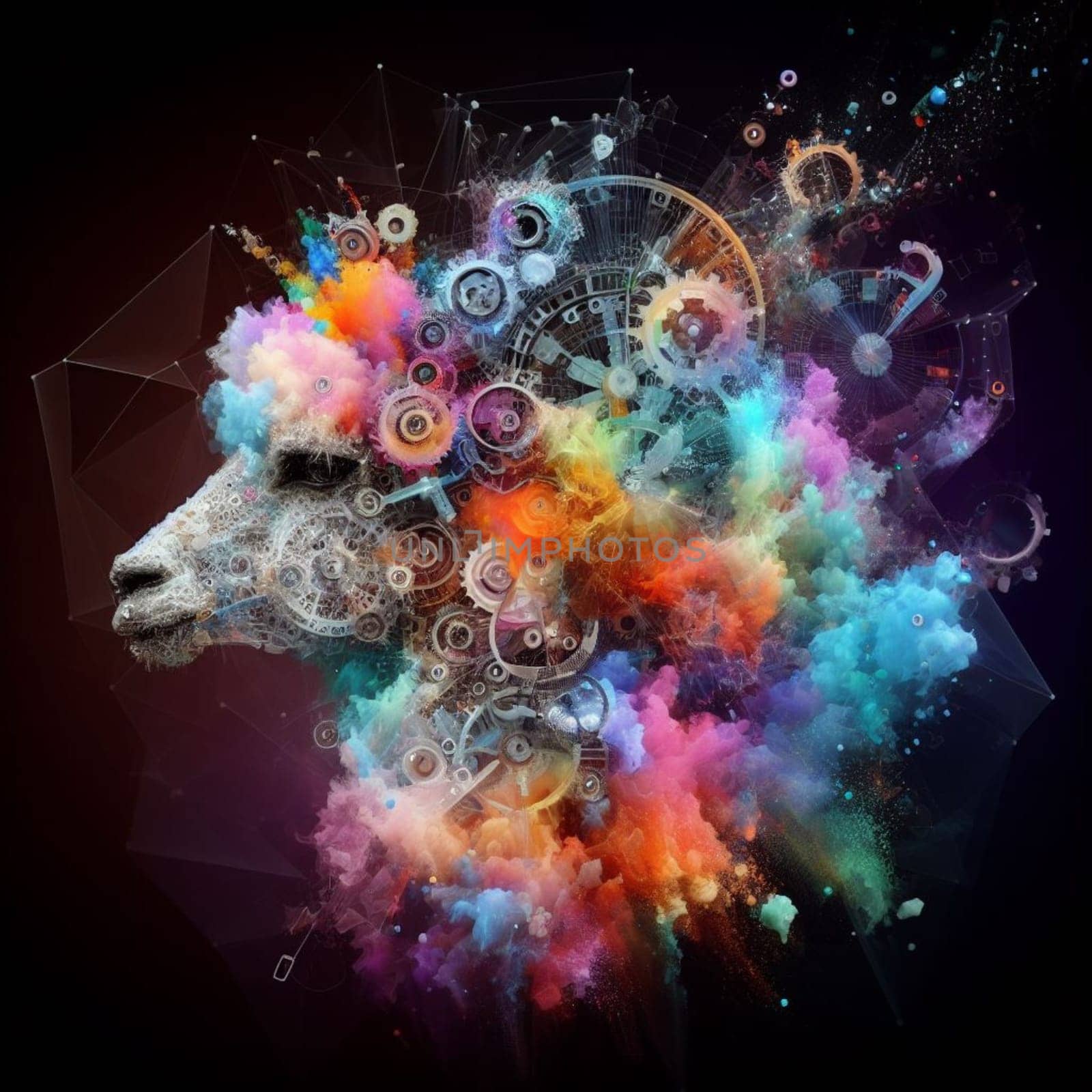 a color explosion of paint render alpaca steampunk geared poly and gears creation abstract scupture generative ai art